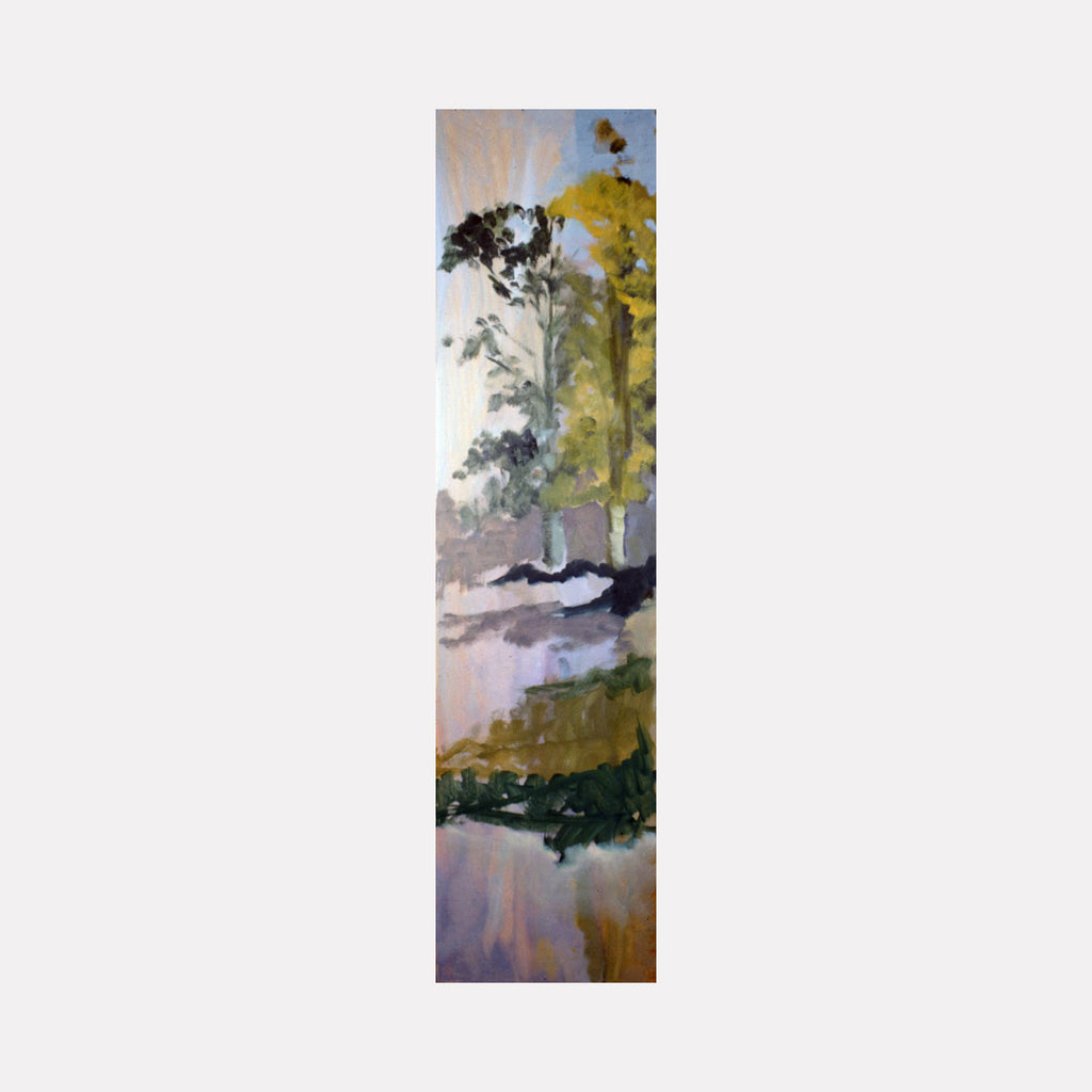 TWO IN OCTOBER by Diane Love captures a slender, vertical landscape with soft, blended brushstrokes depicting tall trees in autumn hues of green and gold. The composition suggests a tranquil scene where reflections and muted light create a serene, contemplative mood in an abstract natural setting.