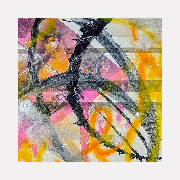 The artwork 'Tagged' by Nicholas Franklin features bold abstract brushstrokes in black creating dynamic curves and intersecting lines against a vibrant background of pink, orange, and yellow watercolor-like effects. The acrylic painting creates a striking contrast between fluid color washes and sharp geometric patterns, giving an urban graffiti-inspired aesthetic on canvas.