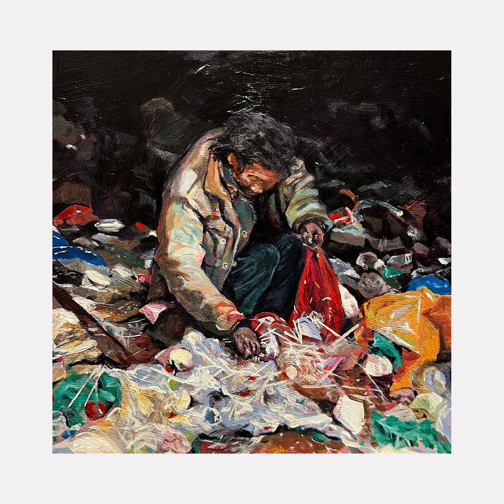 The artwork "Take Home (Archival Memory 20)" by Griffin Cordell portrays a solitary figure surrounded by a chaotic array of discarded objects rendered in rich, textured brushstrokes. The deep earthy tones and dramatic lighting evoke a somber, realist atmosphere reminiscent of works by Edward Hopper and Lucian Freud.