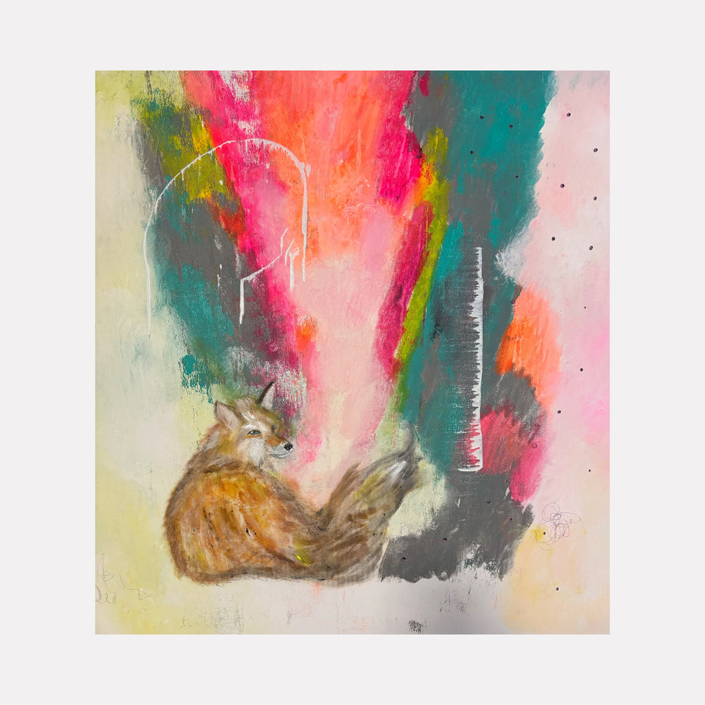 Fortitude In Place by Tammy Kushnir depicts a softly rendered fox resting amidst an expressive burst of vibrant pink, coral, teal, and muted earthy tones, blending abstract and natural elements to evoke a quiet strength and serene harmony within a dynamic, contemporary composition.