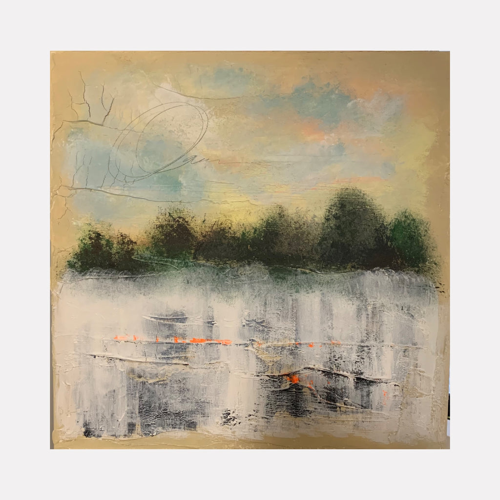 Redemption by Tammy Kushnir presents an abstract landscape with textured layers of muted beige and green hues, suggesting distant trees under a soft sky, contrasted by rough vertical strokes and accents of warm orange, evoking a contemplative atmosphere of renewal and quiet transition.