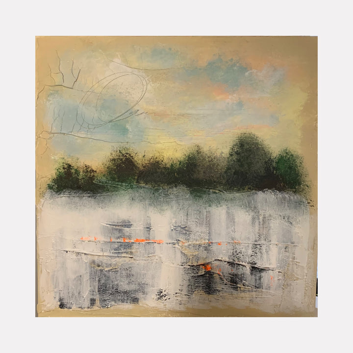 Redemption by Tammy Kushnir presents an abstract landscape with textured layers of muted beige and green hues, suggesting distant trees under a soft sky, contrasted by rough vertical strokes and accents of warm orange, evoking a contemplative atmosphere of renewal and quiet transition.
