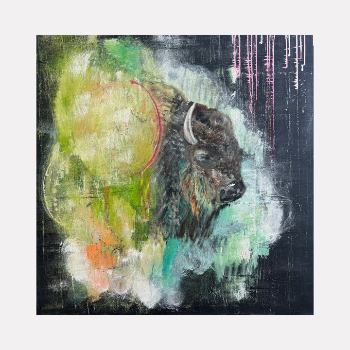 The Dream by Tammy Kushnir portrays a powerful bison emerging from a textured blend of earthy greens, soft oranges, and muted blues, set against a dark, abstract background with subtle streaks of pink, evoking a mystical and contemplative atmosphere with a fusion of natural strength and dreamlike softness.