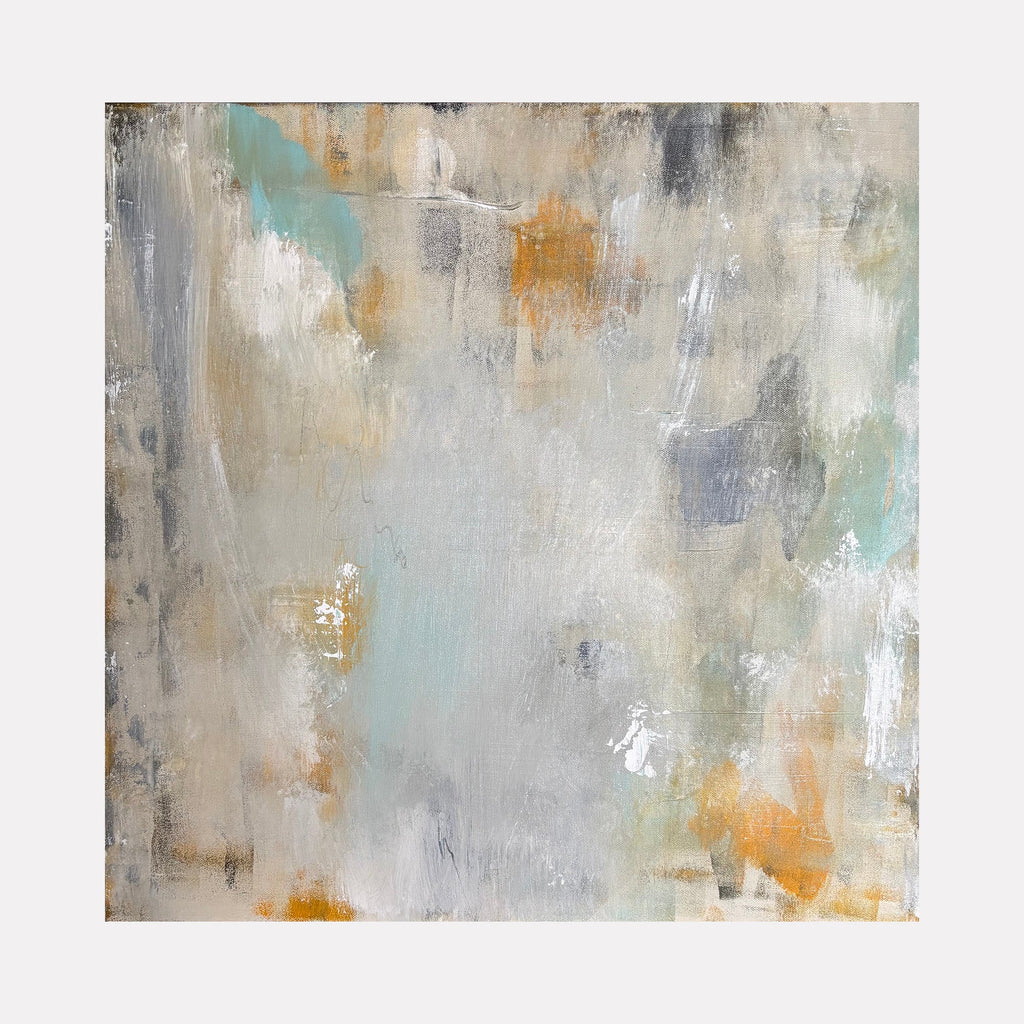 The artwork "Escape" by Tammy Kushnir features a serene abstract composition with layered textures in muted grays, soft blues, warm ochres, and subtle whites. The gentle blending and diffuse brushstrokes evoke a tranquil, atmospheric quality reminiscent of Mark Rothko’s color fields and Helen Frankenthaler’s fluid abstractions.
