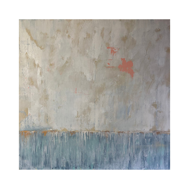 The artwork "Coastal View" by Tammy Kushnir features an abstract composition with textured layers in soft grays and muted blues, accented by subtle touches of warm coral and earthy browns. The mixed media application creates a weathered, atmospheric effect, evoking the serene abstraction reminiscent of Mark Rothko and Helen Frankenthaler.