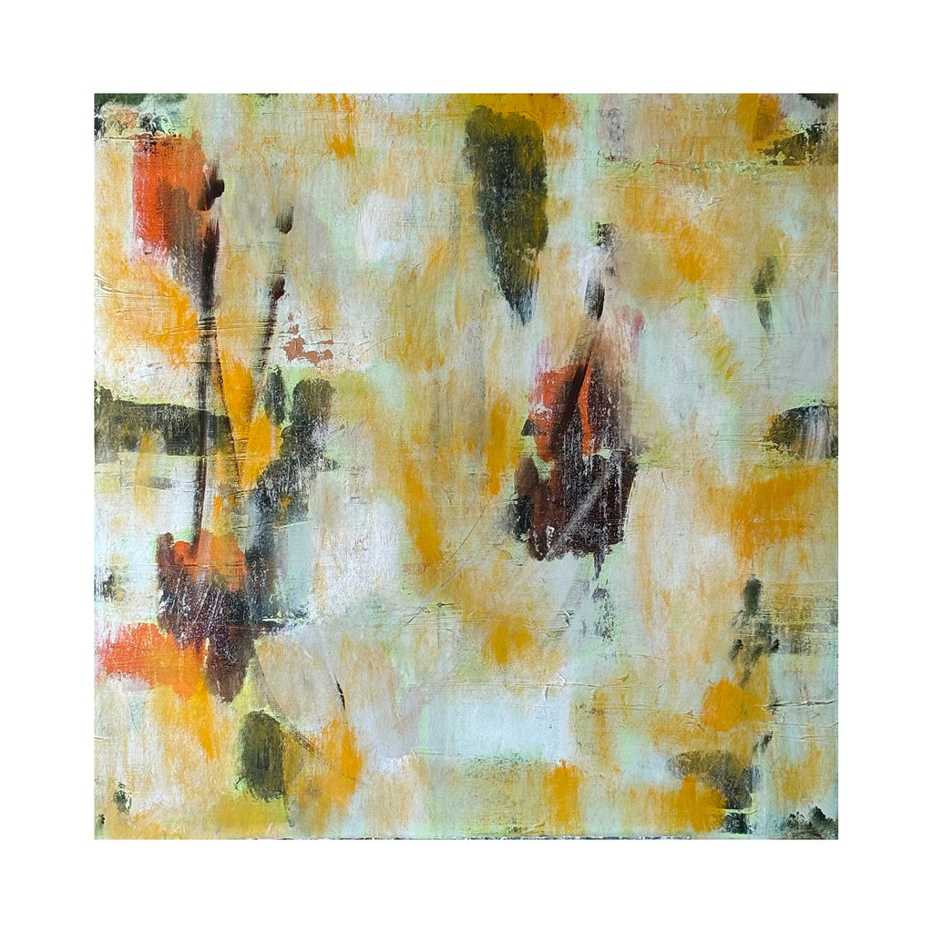 The artwork "Fall" by Tammy Kushnir features an abstract composition with soft, layered brushstrokes in warm ochres, muted greens, burnt sienna, and creamy whites. The textured forms evoke a sense of organic movement and autumnal atmosphere, reminiscent of Helen Frankenthaler’s fluid abstractions and the subtle earth tones of Mark Rothko’s works.