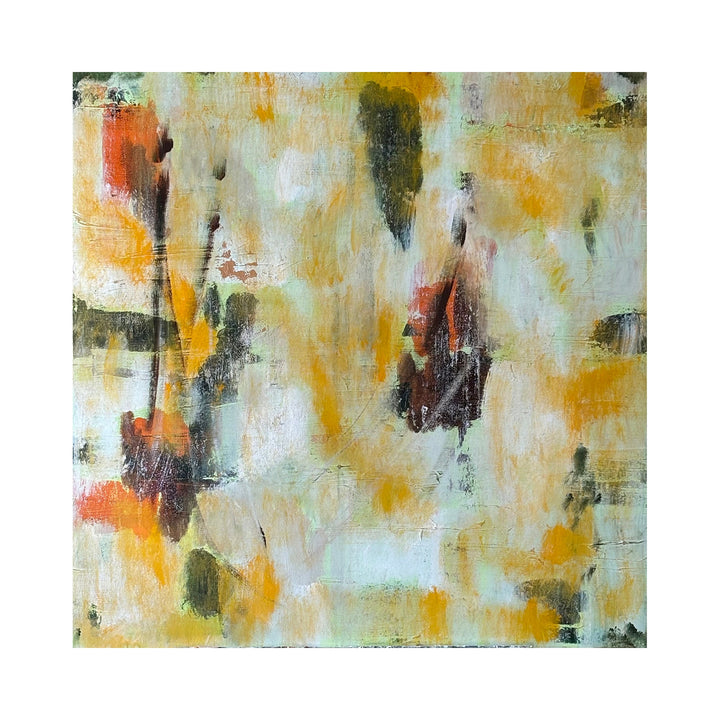 The artwork "Fall" by Tammy Kushnir features an abstract composition with soft, layered brushstrokes in warm ochres, muted greens, burnt sienna, and creamy whites. The textured forms evoke a sense of organic movement and autumnal atmosphere, reminiscent of Helen Frankenthaler’s fluid abstractions and the subtle earth tones of Mark Rothko’s works.