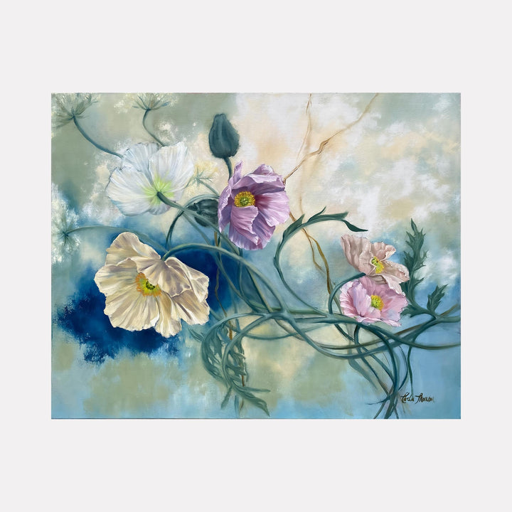 The artwork Tangled Reverie by Carla Thomson features delicate, flowing poppy flowers in soft pastel shades of cream, lavender, and pale pink against a textured, dreamy background of muted blues and greens. The style combines graceful realism with an ethereal quality reminiscent of botanical illustrations and touches of the impressionist palettes seen in works by Claude Monet.