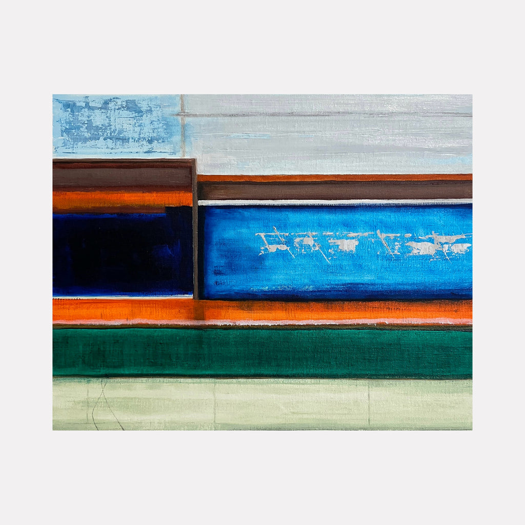Tapestry by Cora Jane Glasser features horizontal bands of rich blues, vibrant orange, deep green, and soft grays, blending textured layers with geometric abstraction to evoke a modern, dynamic sense of balance and depth in this contemporary art piece.