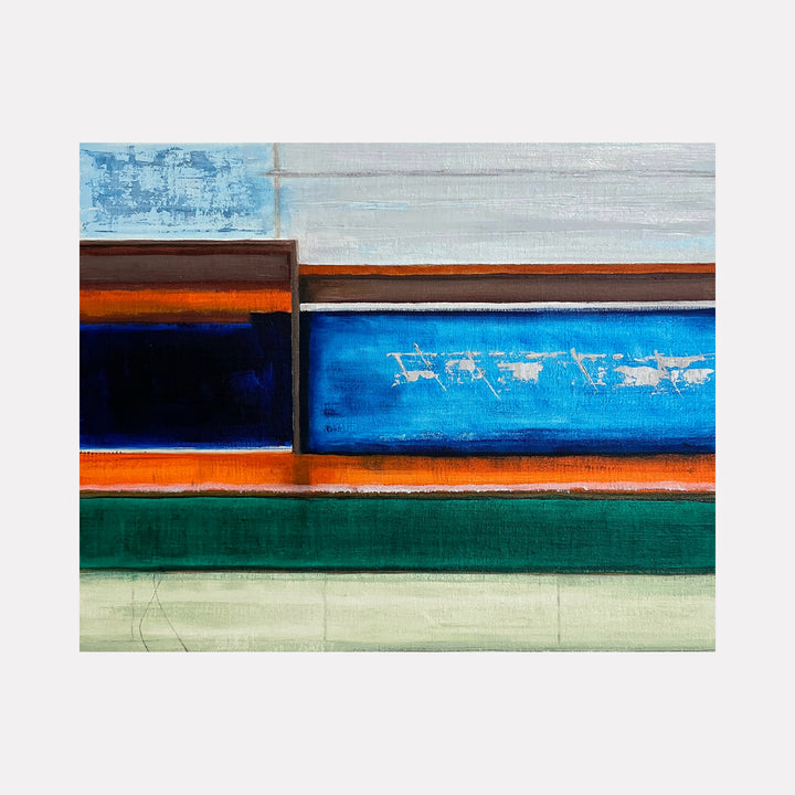 Tapestry by Cora Jane Glasser features horizontal bands of rich blues, vibrant orange, deep green, and soft grays, blending textured layers with geometric abstraction to evoke a modern, dynamic sense of balance and depth in this contemporary art piece.