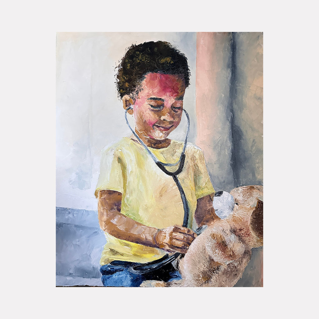 The artwork "Teddy's Checkup" depicts a young child with curly dark hair wearing a yellow shirt and blue pants, using a stethoscope to listen to a large beige teddy bear. The painting features textured brushstrokes with a soft color palette including warm skin tones and muted background shades. By Lauren Luna.