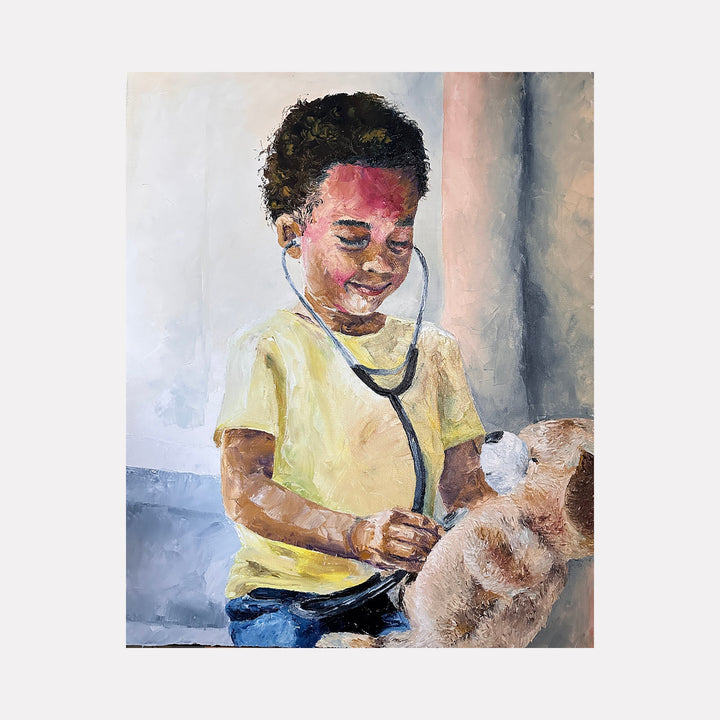 The artwork "Teddy's Checkup" depicts a young child with curly dark hair wearing a yellow shirt and blue pants, using a stethoscope to listen to a large beige teddy bear. The painting features textured brushstrokes with a soft color palette including warm skin tones and muted background shades. By Lauren Luna.