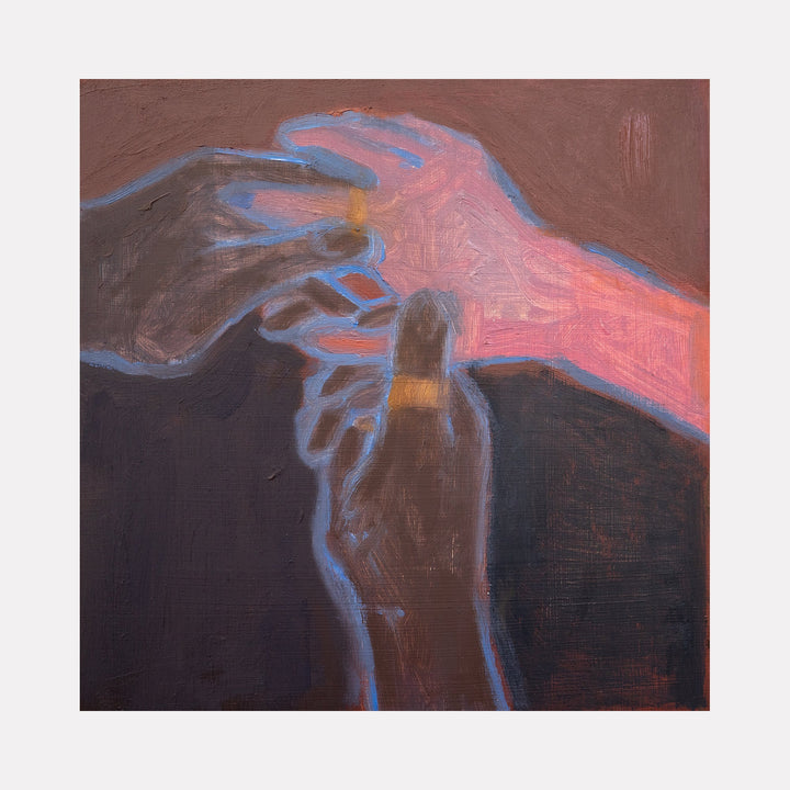 The artwork "Tell me what else you know about music [you wanted to put every last one of my rings on]" depicts three hands intertwined, two dark-skinned and one light-skinned, with golden rings on fingers, rendered in a textured, painterly style with muted brown and pink tones highlighted by a soft blue outline. By Chelsie Sunde.