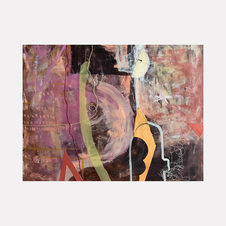 The artwork 'Tent City 5' by Jose Johann Bitancor features abstract expressionist composition with dynamic curved lines and organic shapes in muted pink, purple, and orange hues. The mixed media piece on paper showcases layered textures, gestural brushstrokes, and bold contrasting elements against a textured dark background creating depth and movement.