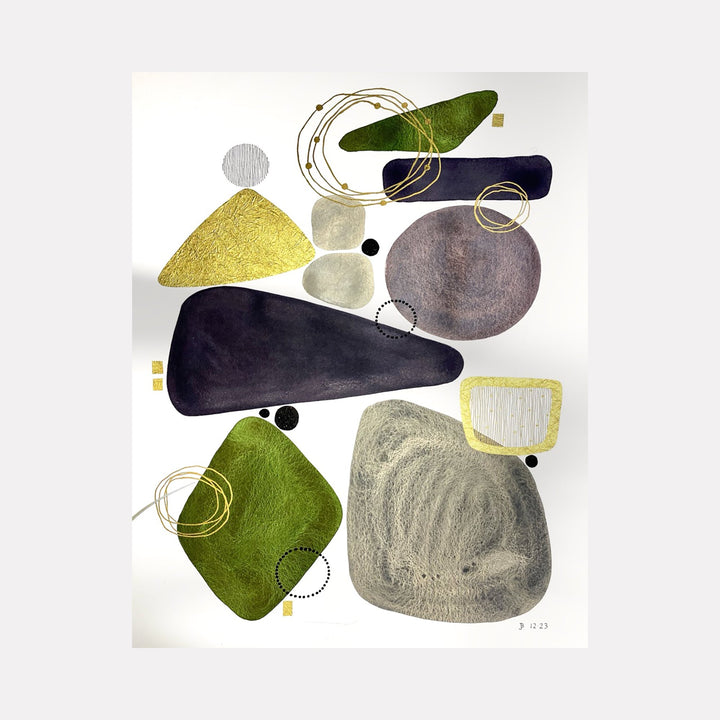 The artwork 'Tete-a-Tete' by Jocelyn Benford features abstract organic shapes in olive green, charcoal black, and mustard yellow, arranged in a balanced composition. Delicate line work in gold connects the forms, creating movement across the watercolor paper. Textural elements and mixed media techniques enhance the modern, minimalist aesthetic. By Jocelyn Benford.