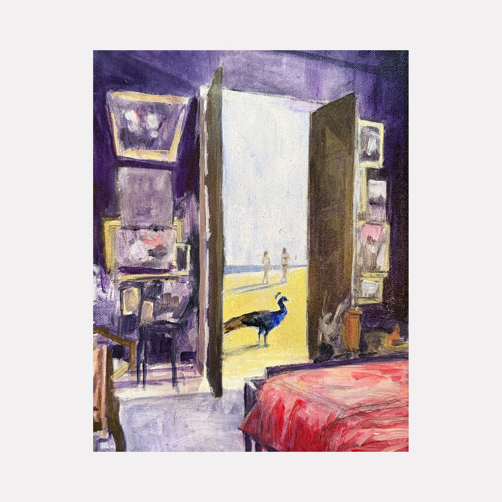 The artwork "The Other Side" by Chris Baily features an evocative interior scene bathed in rich purples and reds, contrasting with a bright, sunlit doorway revealing a peacock and distant figures. The textured brushwork and dreamlike composition evoke surrealist qualities reminiscent of René Magritte and Edward Hopper.