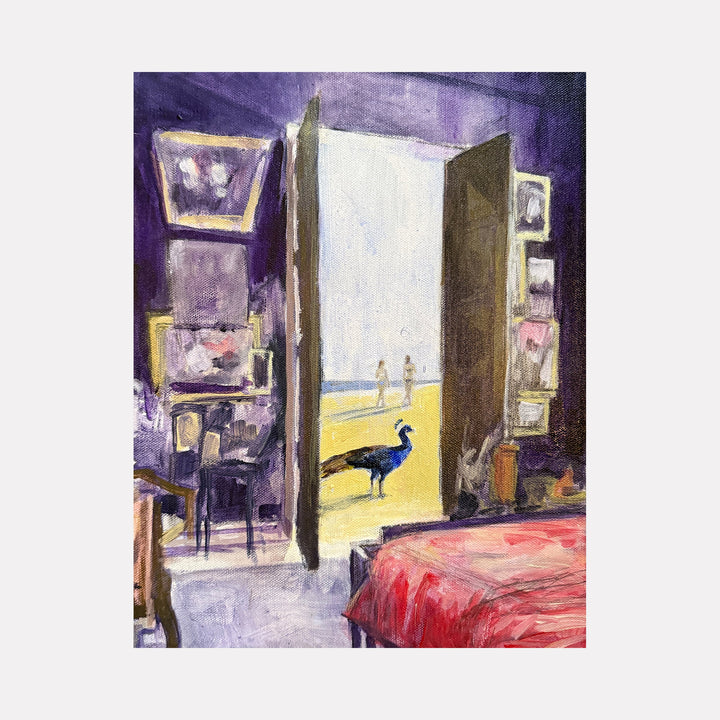 The artwork "The Other Side" by Chris Baily features an evocative interior scene bathed in rich purples and reds, contrasting with a bright, sunlit doorway revealing a peacock and distant figures. The textured brushwork and dreamlike composition evoke surrealist qualities reminiscent of René Magritte and Edward Hopper.