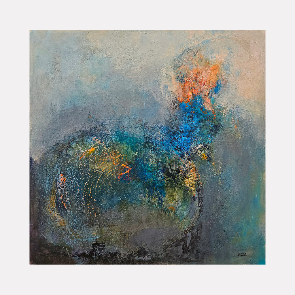 The Light That Stirred the Deep by Janyce Erlich-Moss is a Curina art piece featuring an abstract composition with swirling blues, hints of orange, and textured layers, evoking a mysterious underwater scene with dynamic movement and depth.