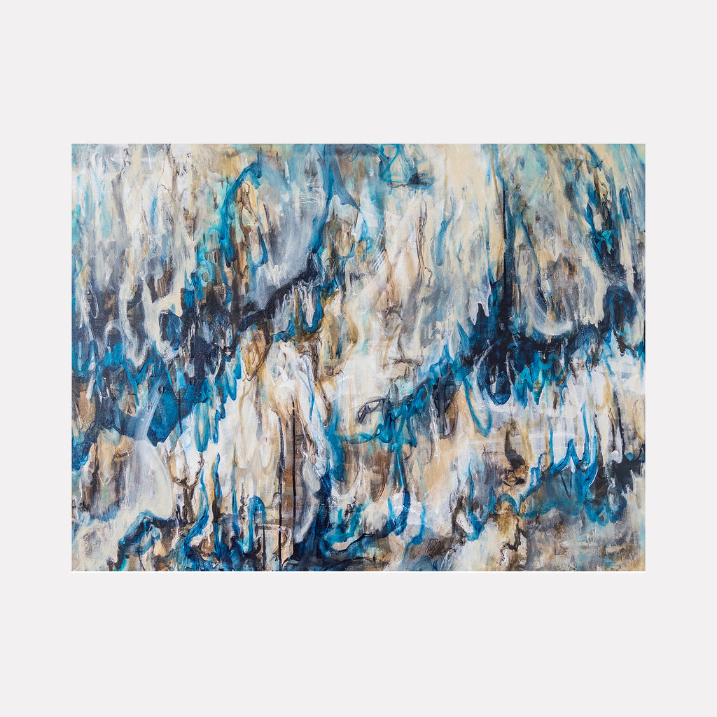 The Tiny Umbrellas by Betsy Becher features an intricate abstract composition with flowing forms in shades of blue, beige, and cream, accented by darker lines that create a sense of depth and movement, evoking notions of delicate natural patterns and subtle atmospheric layers in a contemplative, modern artwork.