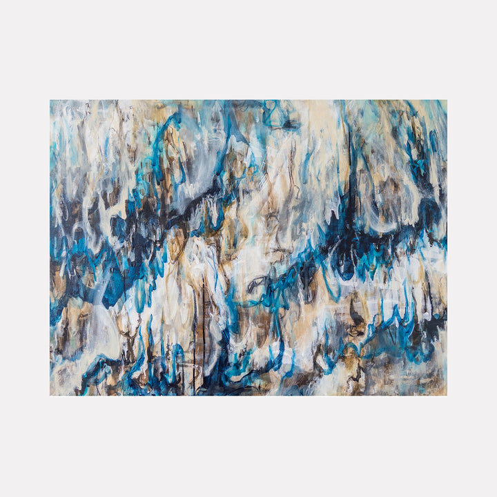 The Tiny Umbrellas by Betsy Becher features an intricate abstract composition with flowing forms in shades of blue, beige, and cream, accented by darker lines that create a sense of depth and movement, evoking notions of delicate natural patterns and subtle atmospheric layers in a contemplative, modern artwork.