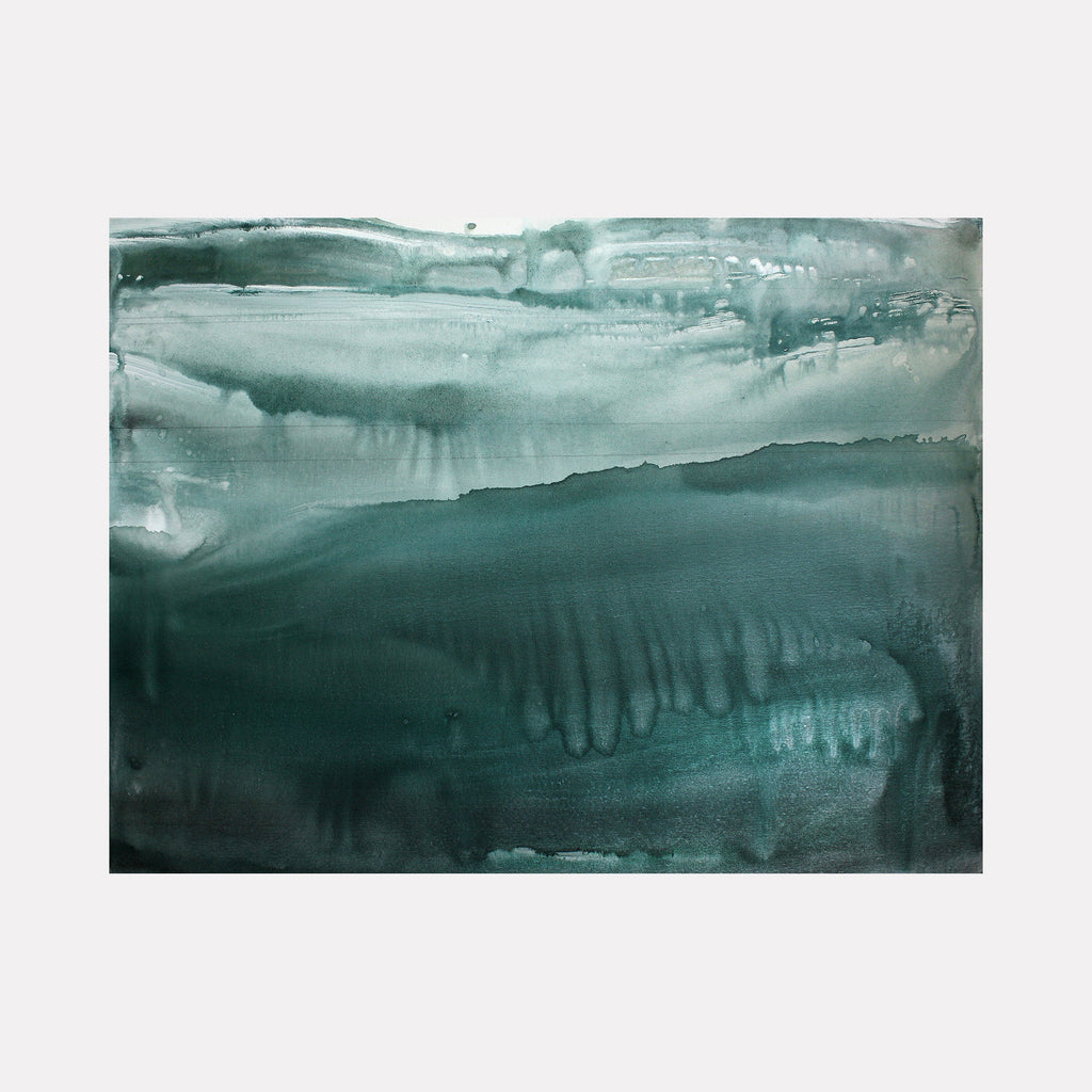 The artwork "The Writing is in the Air – Gabriola" by Deborah Chaney features an abstract composition with layered horizontal bands of deep green, teal, and muted blue hues. The textures resemble fluid brushstrokes or watercolor washes with soft gradients and subtle drips, evoking a serene atmosphere reminiscent of Mark Rothko's color fields and Helen Frankenthaler's staining technique.