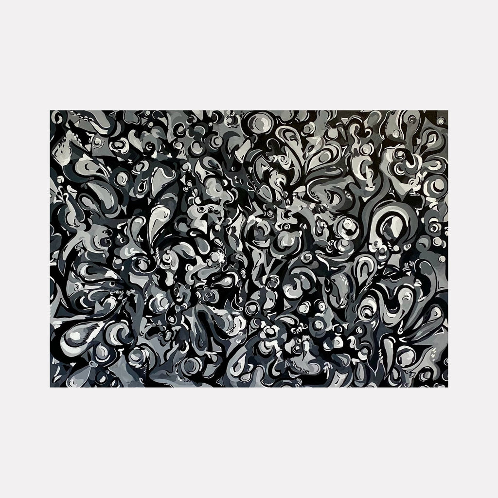 The artwork "The Absence of Color" by Kaitlin Andrews features an intricate abstract pattern composed of swirling and teardrop-shaped forms in various shades of black, white, and gray. The textured layering and fluid shapes create a dynamic sense of depth and movement, emphasizing monochromatic contrasts in a modern artistic style.