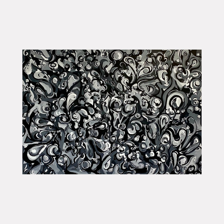 The artwork "The Absence of Color" by Kaitlin Andrews features an intricate abstract pattern composed of swirling and teardrop-shaped forms in various shades of black, white, and gray. The textured layering and fluid shapes create a dynamic sense of depth and movement, emphasizing monochromatic contrasts in a modern artistic style.