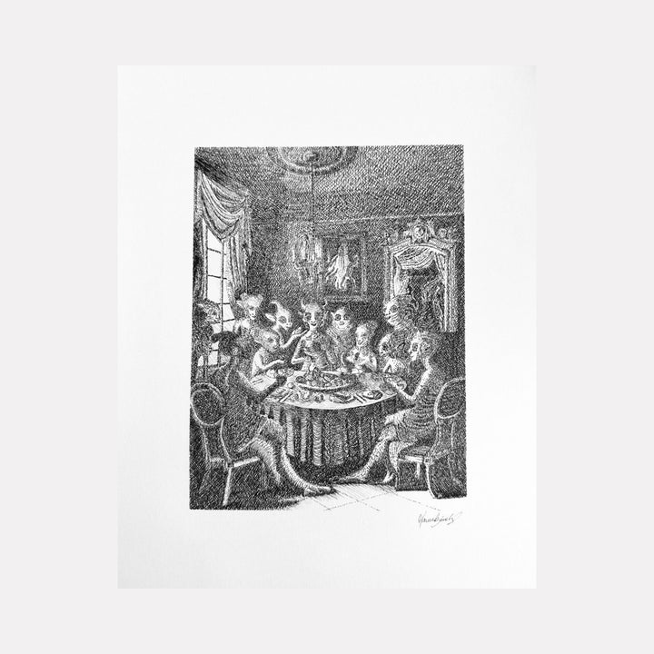 The Banquet by Maria Sanchez depicts a detailed black-and-white scene of skeletal figures gathered around a table in an ornate room, blending dark surrealism with intricate crosshatching to evoke themes of mortality and ritual in a hauntingly elegant composition.
