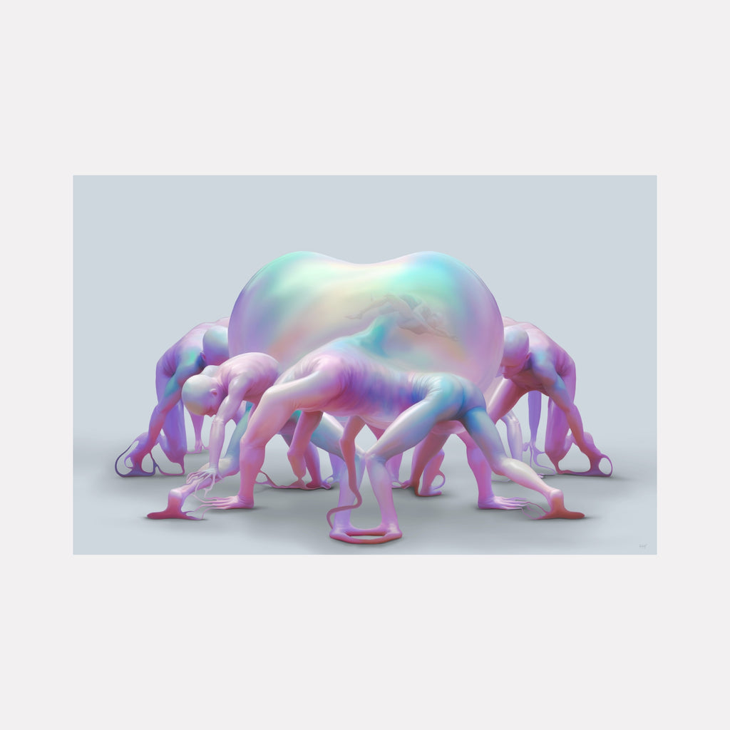 The Bodies They Have Stolen by Maria Sanchez presents surreal, fluid figures in pastel hues merging with an amorphous central form, evoking themes of transformation and collective identity in a striking, contemporary art composition.