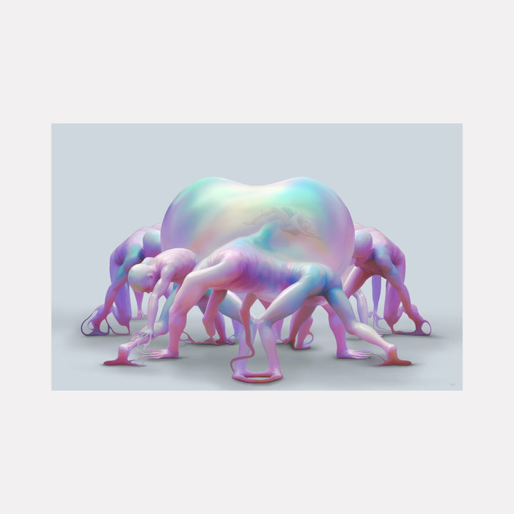 The Bodies They Have Stolen by Maria Sanchez presents surreal, fluid figures in pastel hues merging with an amorphous central form, evoking themes of transformation and collective identity in a striking, contemporary art composition.