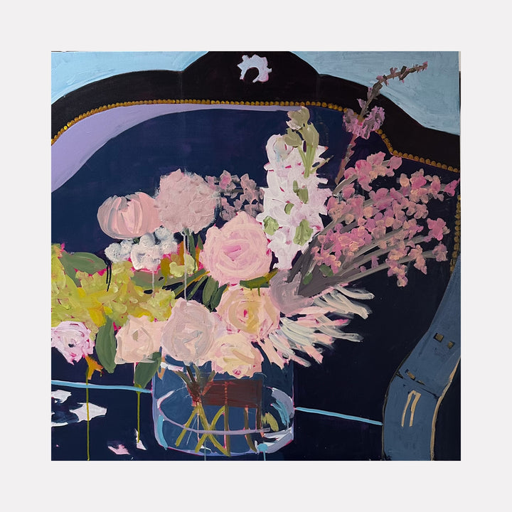 The Chair Has Attitude by Leslie Thornton showcases a vibrant bouquet of soft pink and purple flowers arranged in a clear vase set against a dark blue and black backdrop, capturing a lively and expressive floral still life with painterly brushstrokes and a dynamic interplay of color and form.
