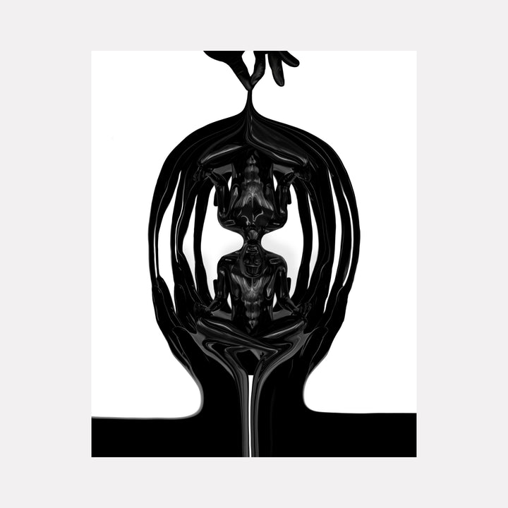 The Core by Maria Sanchez presents a glossy black abstract figure in a meditative pose, enclosed within fluid, flowing forms that evoke a sense of inner reflection and unity, rendered with smooth contours and high contrast in contemporary art.