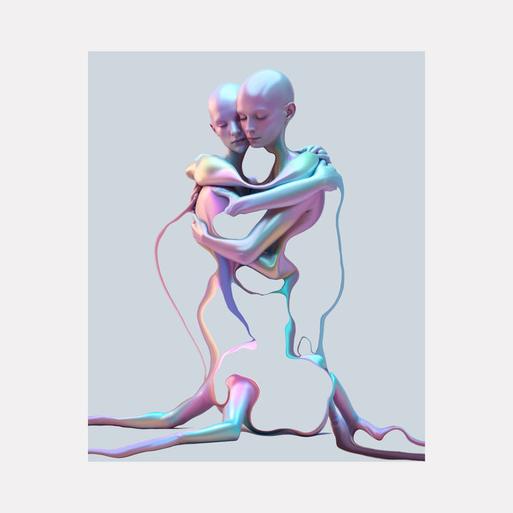 The Embrace by Maria Sanchez features two intertwined, elongated figures rendered in smooth pastel hues with fluid, abstract forms that convey connection and vulnerability, blending contemporary art with emotional intimacy in a surreal, minimalist style.
