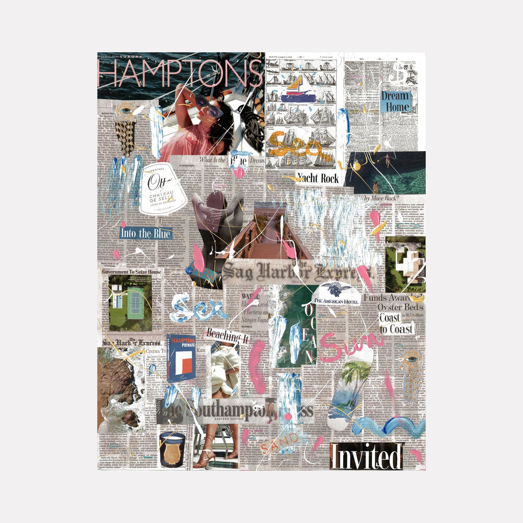 The artwork 'The Hamptoner #11' by Jean-Remi Barbier features a dynamic mixed media collage combining vintage newspaper clippings, text fragments, and photographs. The composition includes 'Hamptons' text prominently displayed, scattered images in muted tones, with splashes of blue and pink accents throughout the layered newsprint background. Mixed media artwork by Jean-Remi Barbier.