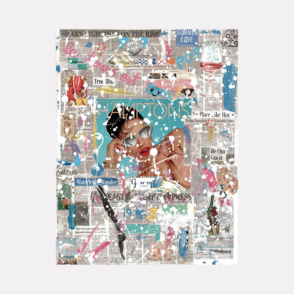 The artwork 'The Hamptoner #13' by Jean-Remi Barbier features a vibrant mixed media collage combining newspaper clippings, turquoise splashes, and abstract figures. The composition showcases dynamic layers of pink, red, and blue elements against a textured newsprint background, creating a contemporary urban art aesthetic with acrylic accents and graffiti-style elements.