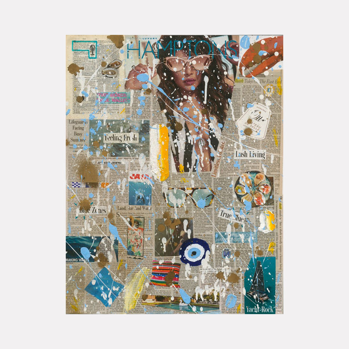 The artwork 'The Hamptoner #15' features a dynamic mixed media collage combining vintage newspaper clippings, abstract paint splatters in turquoise, yellow, and brown tones. The composition shows layered textures, graffiti-style spray paint elements, and text fragments creating a modern urban aesthetic. Contemporary mixed media artwork by Jean-Remi Barbier.