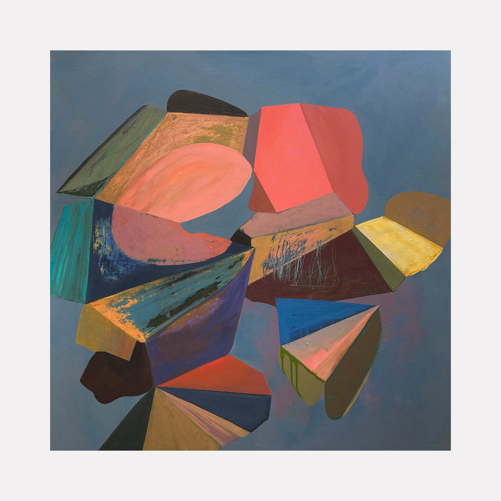 The artwork "The Intimate Vastness" by Karen Nielsen-Fried features a geometric abstract composition with bold, layered shapes in muted reds, blues, greens, and ochres. Textured brushstrokes and overlapping forms create depth and movement, evoking the abstract geometry and color harmony reminiscent of Sonia Delaunay and early Cubist works.