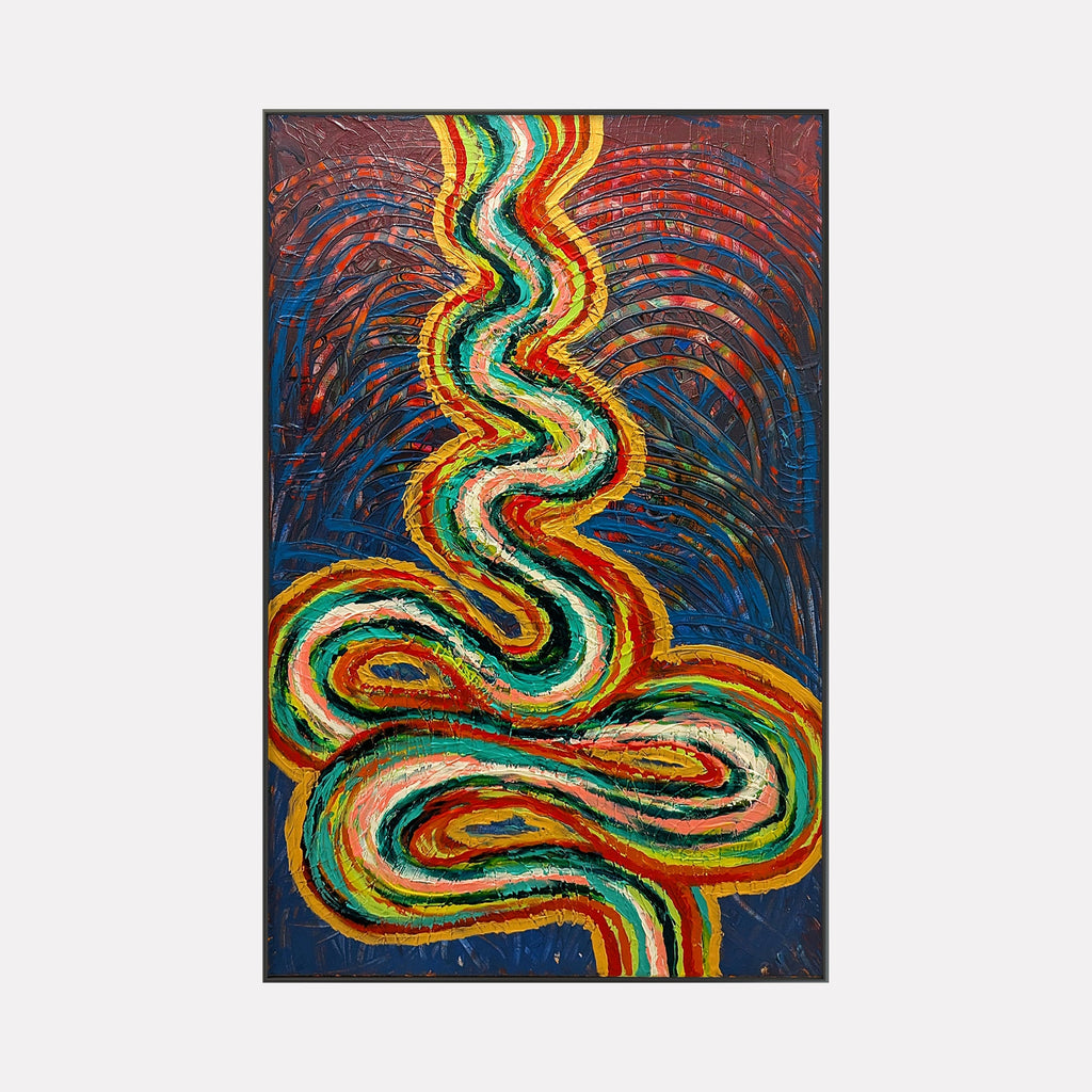 The artwork "The Journey" by Hillary Hany features a vibrant, sinuous path of layered brushstrokes in red, yellow, green, orange, and white, set against a deep blue and maroon textured background. The flowing, rhythmic lines evoke the dynamic abstraction of Joan Miró and the expressive color contrasts reminiscent of Mark Rothko’s bold works.