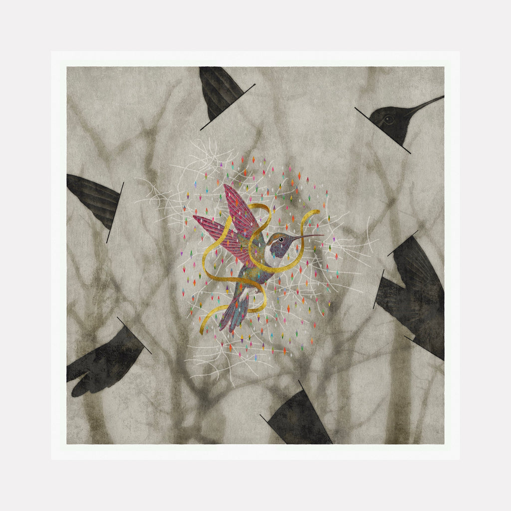 The artwork "The Lost Pleasure" by Steve Moors features a central vibrant hummingbird in shades of pink, purple, and blue surrounded by delicate yellow ribbons and colorful droplets. The muted gray background with shadowy abstract bird forms and thin white linear textures evokes a surreal atmosphere reminiscent of Rene Magritte and Joan Miró’s symbolic surrealism.