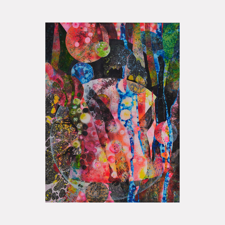 The artwork 'The Mothership' by Millie Benson features vibrant abstract forms with organic shapes in coral pink, electric blue, and emerald green. Dynamic drips and splatters create a cosmic effect, while circular patterns and fluid lines suggest an otherworldly landscape. Mixed media techniques blend gouache and spray paint to achieve rich textural depth on canvas.
