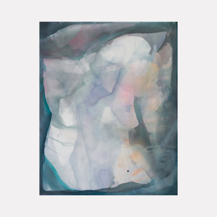 The artwork "The Mystic" by Kristin Gaudio Endsley features an abstract composition with soft, translucent layers of blue, gray, and muted pastels creating an ethereal, cloud-like effect. The delicate washes and subtle textures evoke a dreamlike atmosphere reminiscent of Helen Frankenthaler’s color fields and the atmospheric abstraction of Mark Rothko.