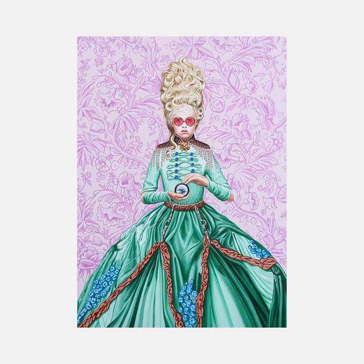 The artwork "The North Star IV" features a figure dressed in an elaborate 18th-century style green gown with intricate blue floral embroidery and brown ruffled trim. The figure wears a tall, voluminous blonde wig and heart-shaped pink sunglasses, set against a detailed pastel pink floral patterned background. By Carlos Gamez de Francisco.