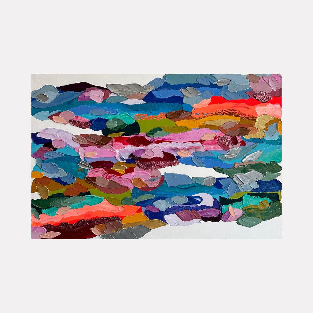 The Path Taken by Shiri Phillips presents an energetic arrangement of layered, rounded brushstrokes in bright reds, blues, greens, and purples. The abstract composition weaves vibrant hues with textured accents, evoking a dynamic landscape filled with a rhythmic sense of movement and contemporary depth.