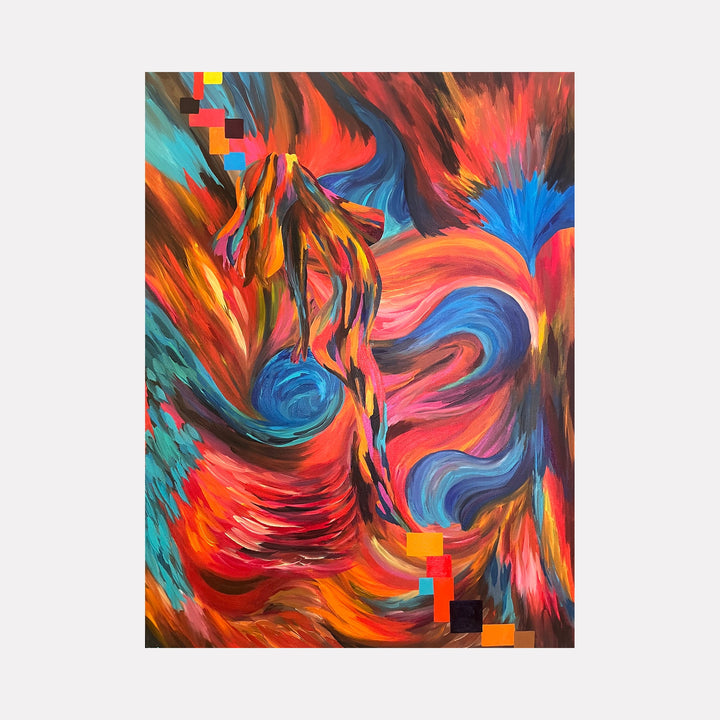 The artwork "The Phoenix" by Kim Rosebud features dynamic swirling shapes in vibrant reds, oranges, blues, and yellows, evoking the fiery rebirth of a phoenix. The acrylic painting showcases bold brushstrokes and abstract forms with textured layers, measuring 41 by 31 inches. The piece captures energy and movement in a contemporary style.