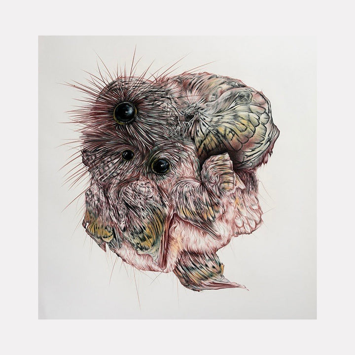 The artwork "THE SECRET VOICE" by Lisyanet Rodriguez features an abstract, organic form reminiscent of a sea creature or coral cluster, rendered in detailed, fine lines and textures with a muted palette of pinks, greens, and browns. The composition evokes the surreal anatomy of Yves Tanguy and the biomorphic abstraction of Jean Arp.