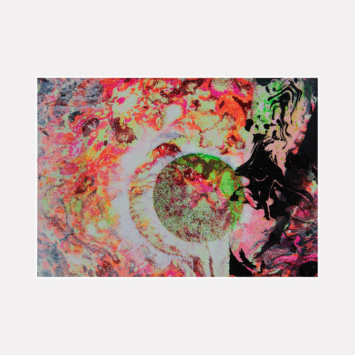 The artwork 'The Shadow and the Moon' features a vibrant abstract composition with a luminous circular form resembling a moon against a swirling cosmic background. Neon pink, fluorescent green, and black create dynamic patterns, while textured brush strokes and spray paint techniques add depth and movement. Mixed media on wood, by Millie Benson.