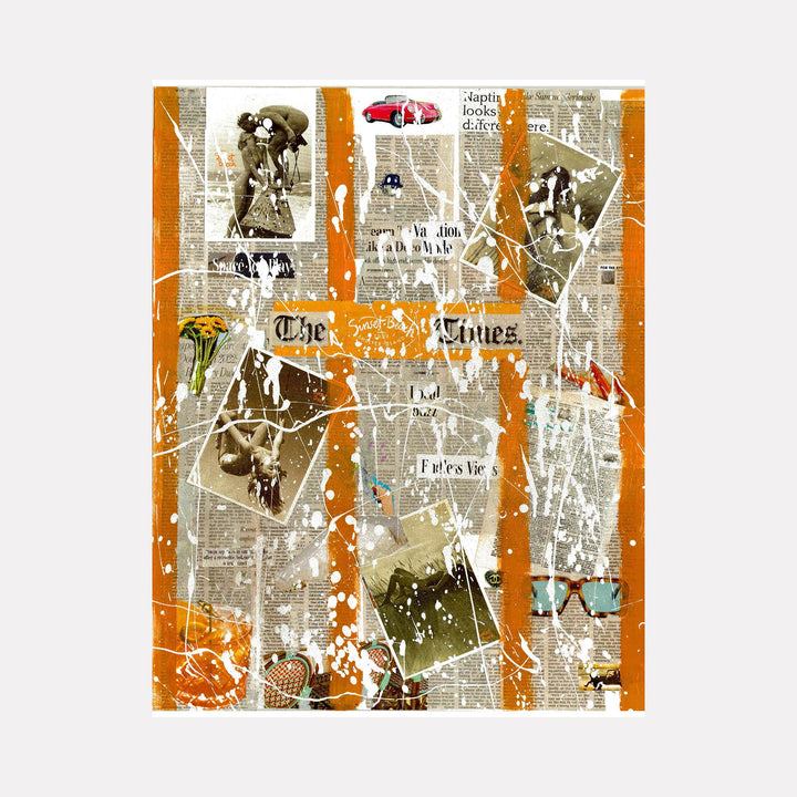 The artwork 'The Sunset Times' by Jean-Remi Barbier features a mixed media collage combining vintage newspaper clippings, black and white photographs, and bold orange paint strokes. The composition includes scattered retro images, text fragments, and abstract elements layered over newspaper pages, creating a nostalgic urban aesthetic with splashes of vibrant color and dynamic textures.