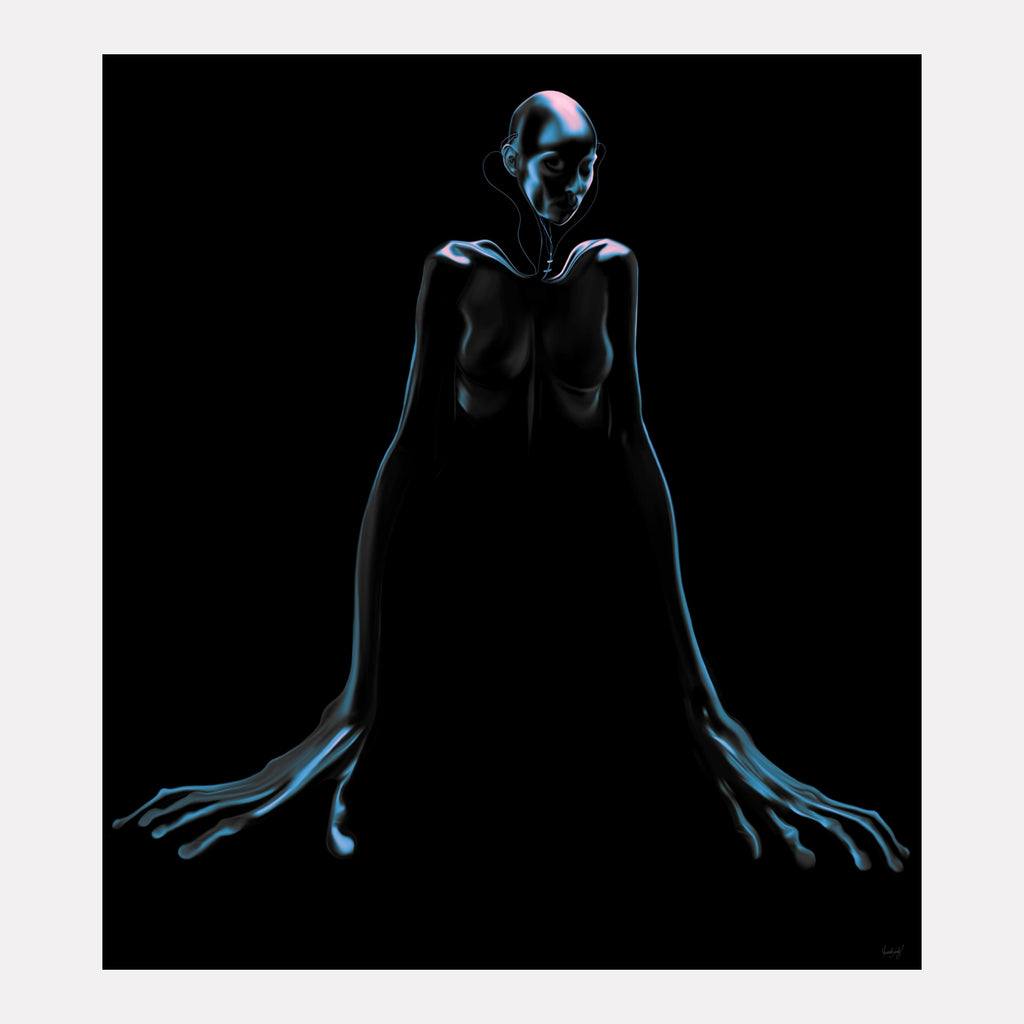 The Watcher Within by Maria Sanchez depicts a haunting figure with elongated arms and subtle blue highlights against a deep black background, blending surrealism and minimalism to evoke themes of inner presence and quiet intensity in contemporary art.