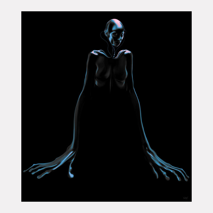 The Watcher Within by Maria Sanchez depicts a haunting figure with elongated arms and subtle blue highlights against a deep black background, blending surrealism and minimalism to evoke themes of inner presence and quiet intensity in contemporary art.