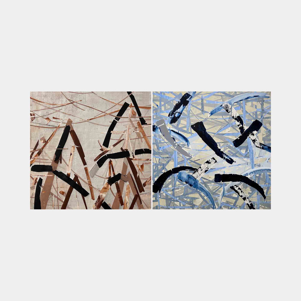 The artwork "The Wave Diptych" by Shira Toren features an abstract composition divided into two panels with contrasting palettes: warm earthy browns and soft beiges on the left, and cool blues and grays on the right. Dynamic brushstrokes and intersecting geometric forms evoke the gestural abstraction of Franz Kline and the atmospheric layering found in Mark Rothko’s work.